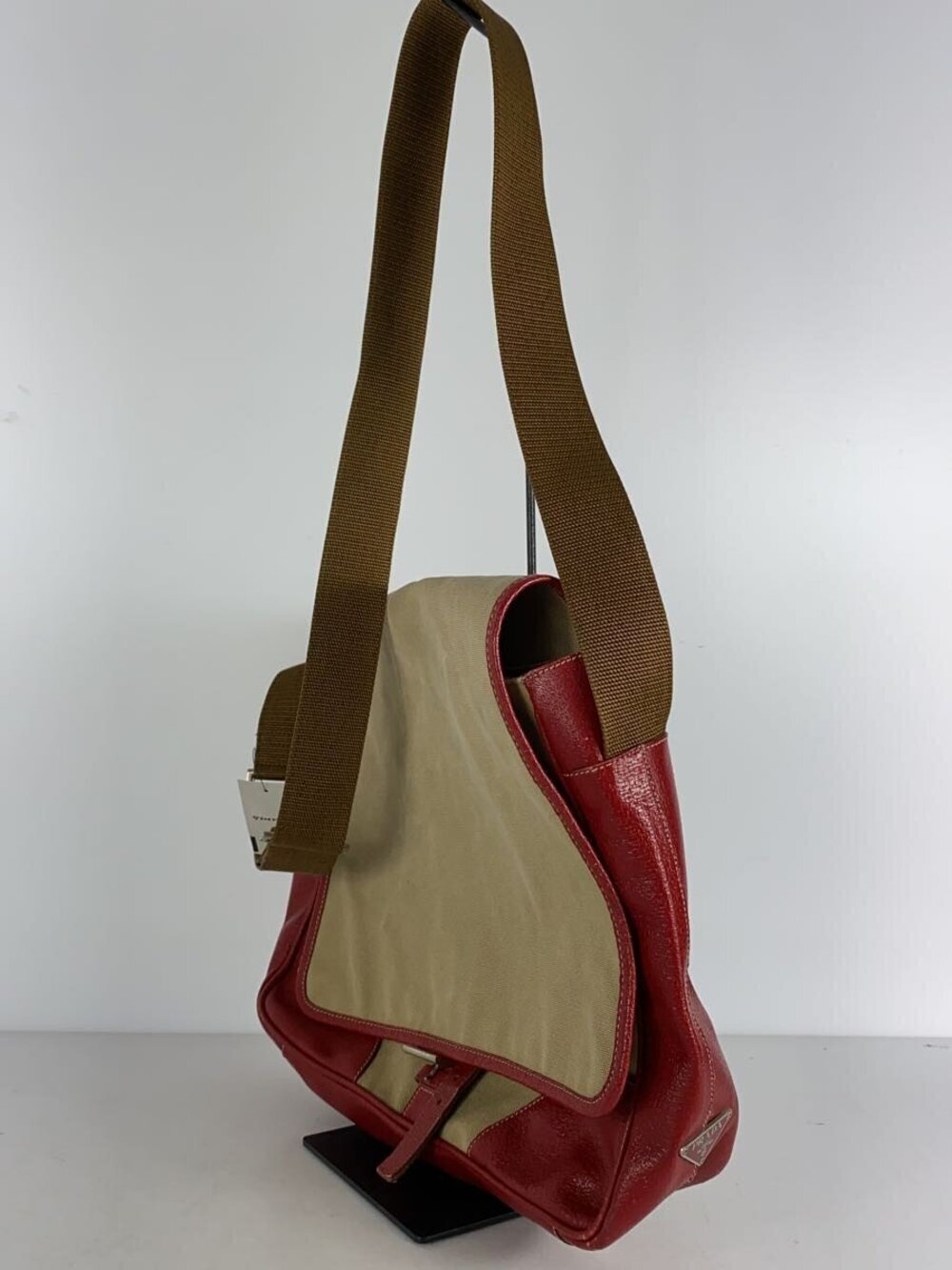 Prada leather tan Crossbody canvas messenger bag red Tan Red